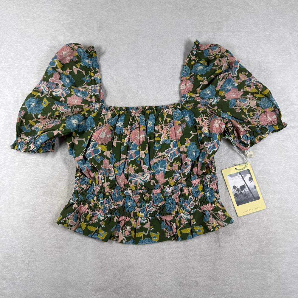 Trovata Birds of Paradis Green Floral Cotton Silk Puff Sleeve Top Womens L NWT